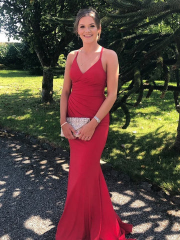 A Line V Neck Open Back Mermaid Red Satin Long Prom Dresses, Mermaid Red Formal Graduation Evening Dresses SP3306