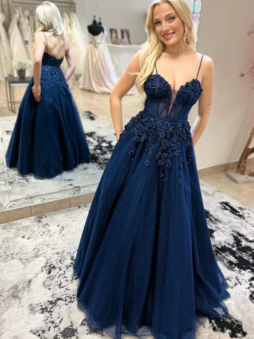 A Line V Neck Open Back Navy Blue Floral Long Prom Dresses, Long Navy Blue Formal Evening Dresses with 3D Flowers SP2801