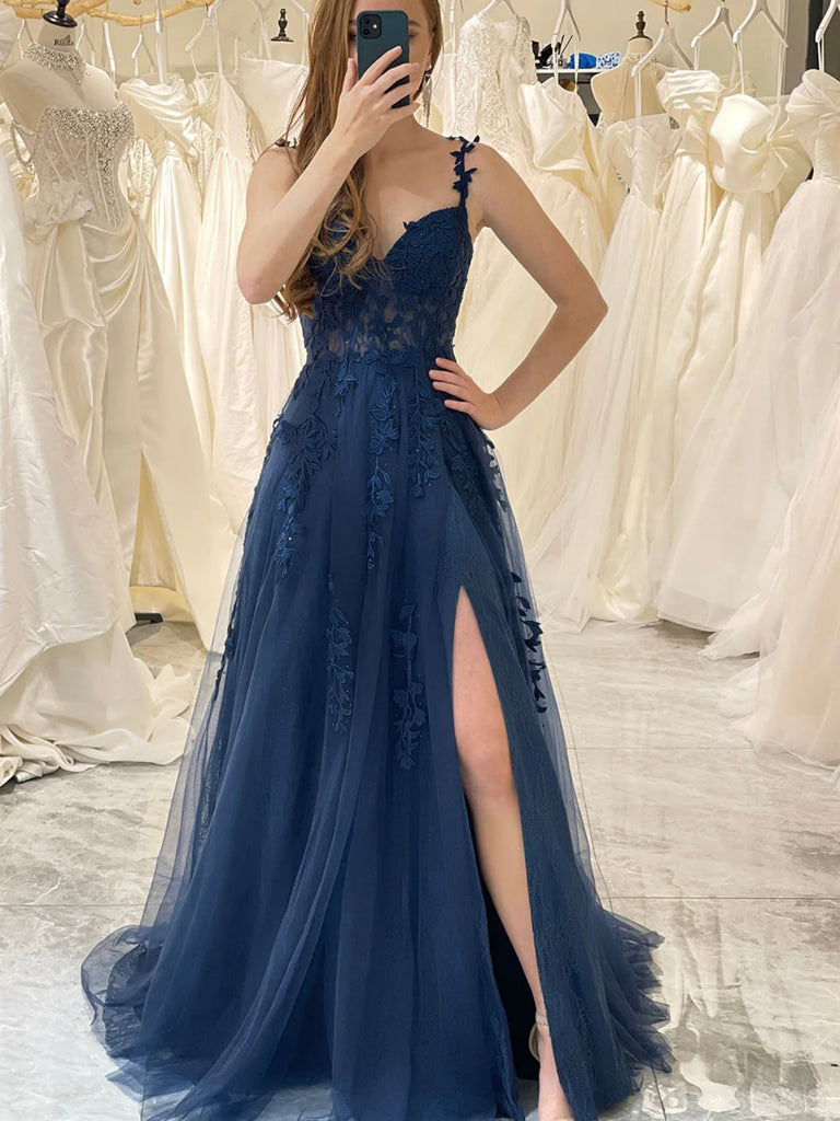 A Line V Neck Open Back Navy Blue Lace Long Prom Dresses with High Sli Shiny Party A Line V Neck Open Back Navy Blue Lace Long Prom Dresses with High Sli Shiny Party