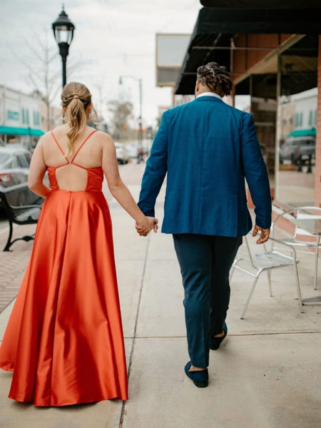 A Line V Neck Open Back Orange Satin Long Prom Dresses, High Slit Orange Formal Graduation Evening Dresses SP3095