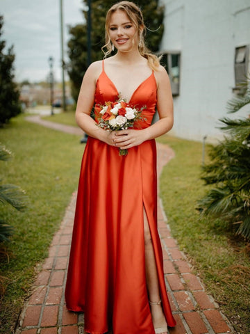 A Line V Neck Open Back Orange Satin Long Prom Dresses, High Slit Orange Formal Graduation Evening Dresses SP3095