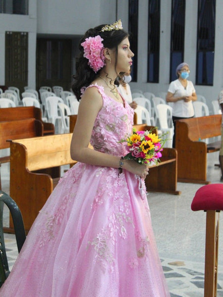 A Line V Neck Open Back Pink Lace Long Prom Dresses, Pink Lace Formal Dresses, Pink Evening Dresses SP3282
