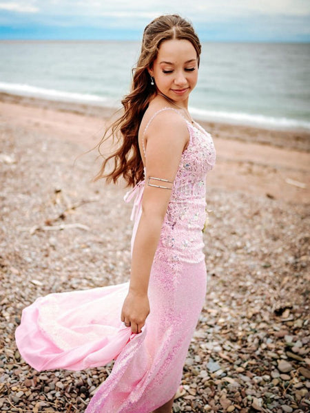 A Line V Neck Open Back Pink Lace Long Prom Dresses, Pink Lace Formal Dresses, Pink Evening Dresses SP3133