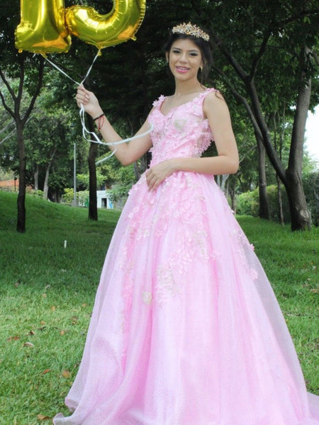 A Line V Neck Open Back Pink Lace Long Prom Dresses, Pink Lace Formal Dresses, Pink Evening Dresses SP3282
