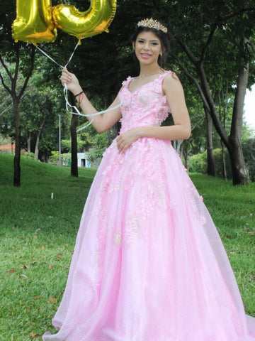 A Line V Neck Open Back Pink Lace Long Prom Dresses, Pink Lace Formal Dresses, Pink Evening Dresses SP3282