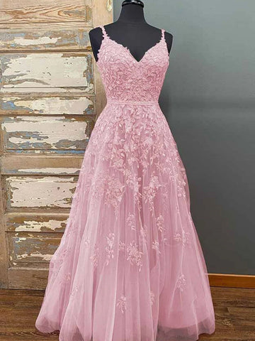 A Line V Neck Open Back Pink Lace Long Prom Dresses, Pink Lace Formal Graduation Evening Dresses SP2928