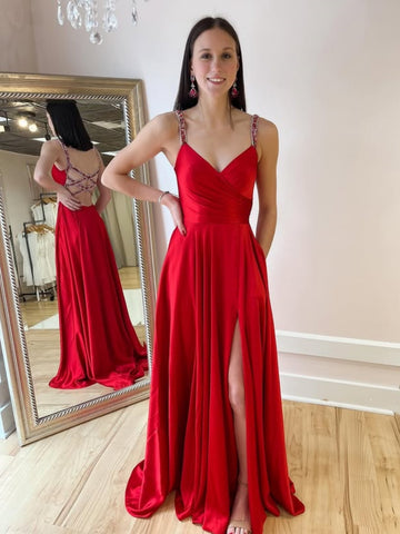 A Line V Neck Open Back Red Long Prom Dresses with High Slit, V Neck Red Formal Dresses, Red Evening Dresses