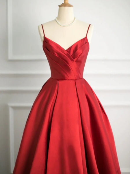 A Line V Neck Open Back Red Satin Long Prom Dresses, Long Red Formal Graduation Evening Dresses SP2866