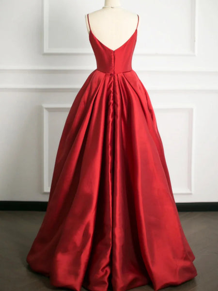 A Line V Neck Open Back Red Satin Long Prom Dresses, Long Red Formal Graduation Evening Dresses SP2866
