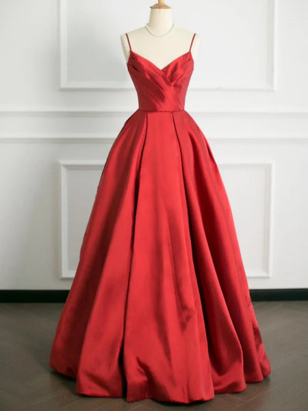A Line V Neck Open Back Red Satin Long Prom Dresses, Long Red Formal G