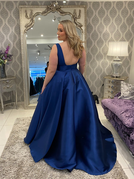 A Line V Neck Open Back Royal Blue Satin Long Prom Dresses, Royal Blue Formal Graduation Evening Dresses SP3331