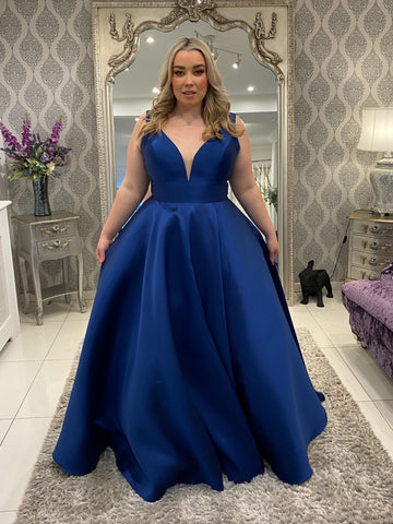 A Line V Neck Open Back Royal Blue Satin Long Prom Dresses, Royal Blue Formal Graduation Evening Dresses SP3331