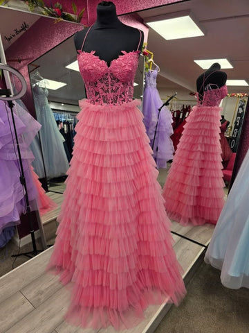 A Line V Neck Open Back Ruffle Pink Lace Long Prom Dresses, Pink Lace Formal Dresses, Pink Evening Dresses SP3407