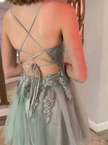 A Line V Neck Open Back Sage Lace Short Prom Dresses, Sage Lace Homecoming Dresses, Sage Formal Graduation Evening Dresses SP3267