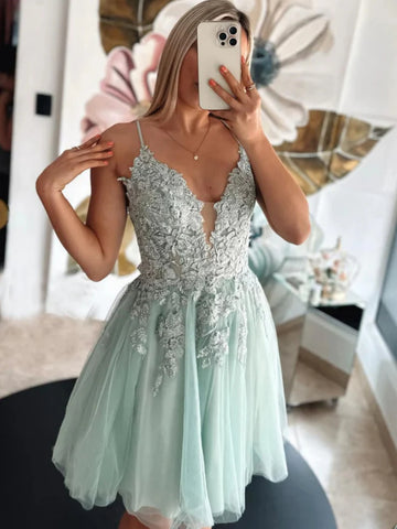 A Line V Neck Open Back Sage Lace Short Prom Dresses, Sage Lace Homecoming Dresses, Sage Formal Graduation Evening Dresses SP3267
