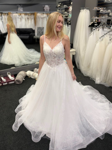 A Line V Neck Open Back White Lace Long Prom Dresses, White Lace Wedding Dresses, White Formal Evening Dresses SP3416