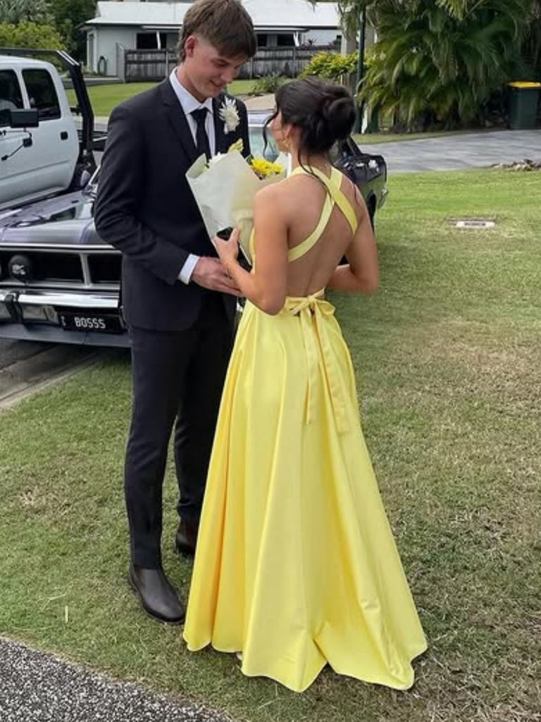 A Line V Neck Open Back Yellow Satin Long Prom Dresses, Long Yellow Fo Shiny Party A Line V Neck Open Back Yellow Satin Long Prom Dresses, Long Yellow Fo Shiny Party