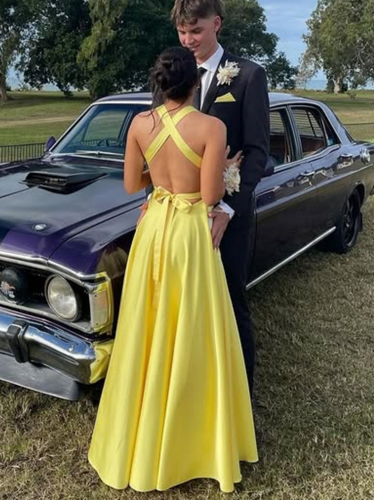 A Line V Neck Open Back Yellow Satin Long Prom Dresses, Long Yellow Fo Shiny Party A Line V Neck Open Back Yellow Satin Long Prom Dresses, Long Yellow Fo Shiny Party