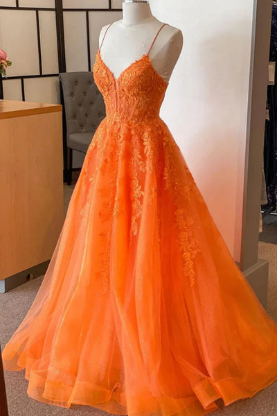 A Line V Neck Orange Lace Long Prom Dresses, Orange Lace Formal Dresses, Orange Evening Dresses SP2943