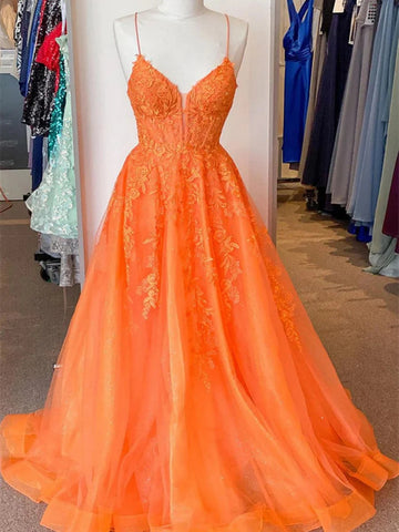 A Line V Neck Orange Lace Long Prom Dresses, Orange Lace Formal Dresses, Orange Evening Dresses SP2943
