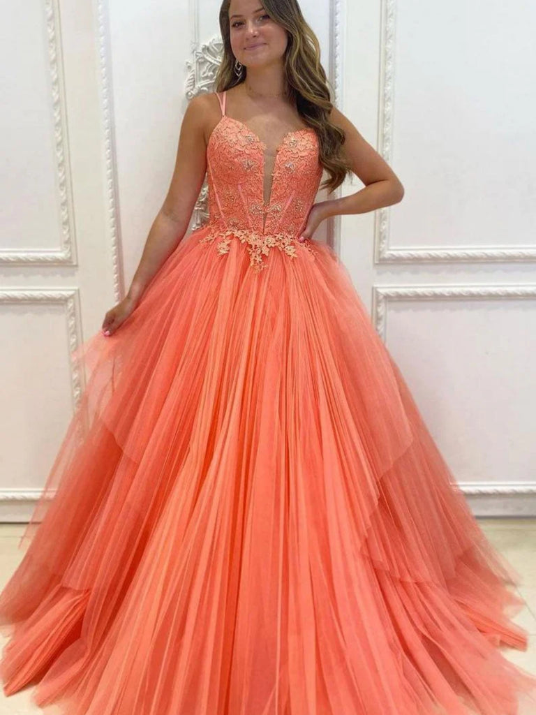 A Line V Neck Orange Lace Long Prom Dresses, Orange Lace Formal Dresse