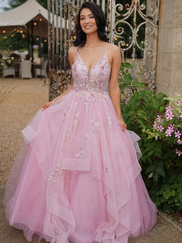 A Line V Neck Pink Lace Long Prom Dresses, Pink Lace Formal Dresses, Pink Evening Dresses SP3398