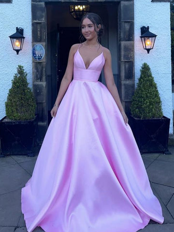 A Line V Neck Pink Satin Long Prom Dresses, Long Pink Formal Graduation Evening Dresses SP3023