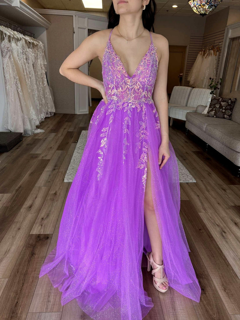 A Line V Neck Purple Lace Long Prom Dresses, High Slit Purple Formal Dresses, Lace Evening Dresses SP3098