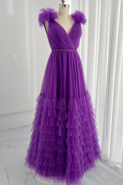 A Line V Neck Purple Tulle Long Prom Dresses, V Neck Purple Formal Dresses, Long Purple Evening Dresses SP2855