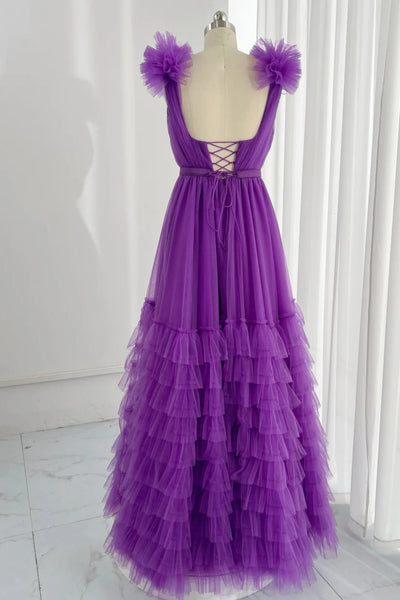 A Line V Neck Purple Tulle Long Prom Dresses, V Neck Purple Formal Dresses, Long Purple Evening Dresses SP2855