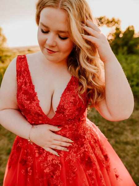 A Line V Neck Red Lace Floral Long Prom Dresses, Red Lace Formal Dresses with Appliques, Red Evening Dresses SP3135