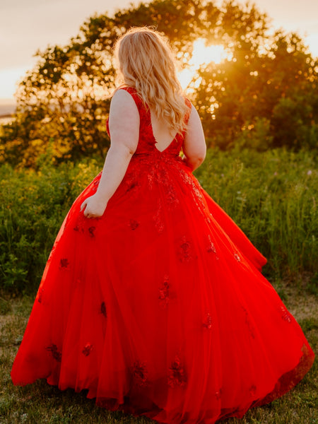 A Line V Neck Red Lace Floral Long Prom Dresses, Red Lace Formal Dresses with Appliques, Red Evening Dresses SP3135