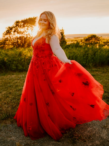 A Line V Neck Red Lace Floral Long Prom Dresses, Red Lace Formal Dresses with Appliques, Red Evening Dresses SP3135