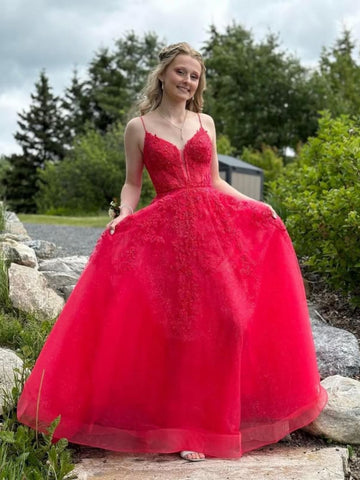 A Line V Neck Red Lace Long Prom Dresses, Red Lace Formal Dresses, Red Evening Dresses SP3099