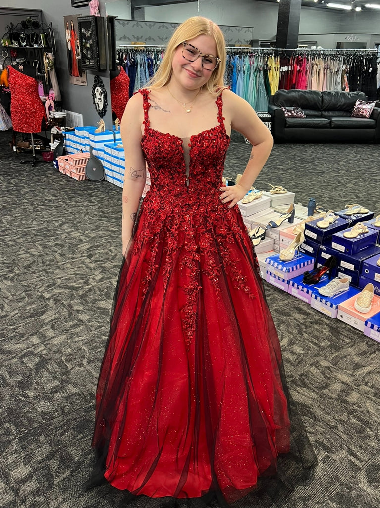 A Line V Neck Red Lace Long Prom Dresses, Red Lace Formal Dresses, Red Evening Dresses SP3319