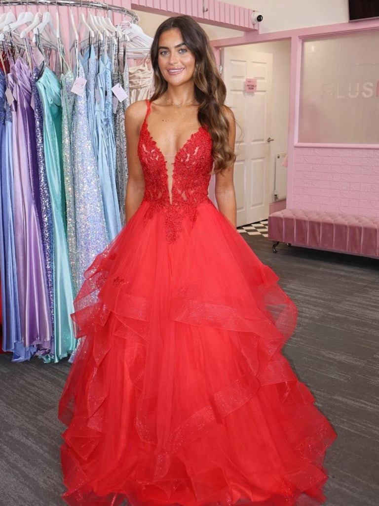 A Line V Neck Red Lace Long Prom Dresses, Red Lace Formal Dresses, Red Evening Dresses SP3463