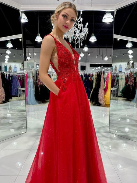 A Line V Neck Red Lace Long Prom Dresses with High Slit, Red Lace Formal Graduation Evening Dresses SP3025