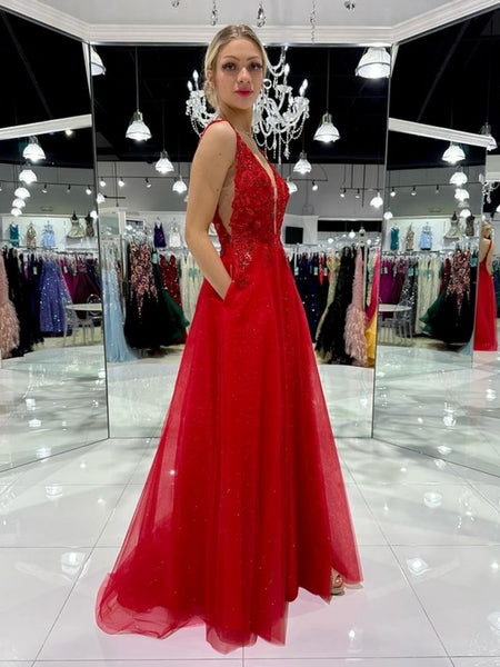 A Line V Neck Red Lace Long Prom Dresses with High Slit, Red Lace Formal Graduation Evening Dresses SP3025