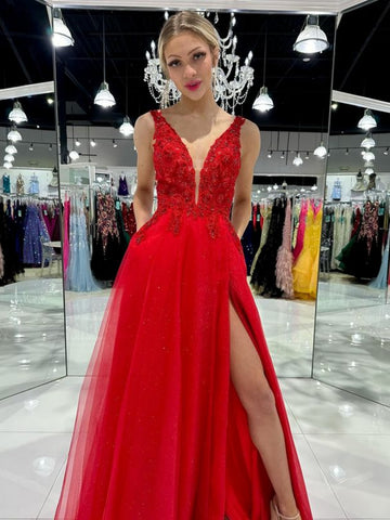 A Line V Neck Red Lace Long Prom Dresses with High Slit, Red Lace Formal Graduation Evening Dresses SP3025