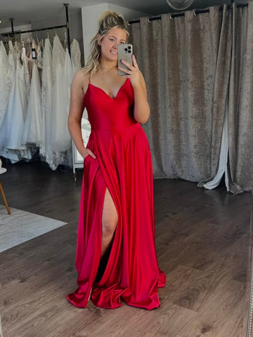 A Line V Neck Red Satin Long Prom Dresses with High Slit, Long Red Formal Graduation Evening Dresses SP3408