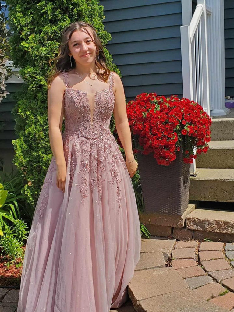 A Line V Neck Sandy Pink Lace Long Prom Dresses, Sandy Pink Lace Forma Shiny Party A Line V Neck Sandy Pink Lace Long Prom Dresses, Sandy Pink Lace Forma Shiny Party