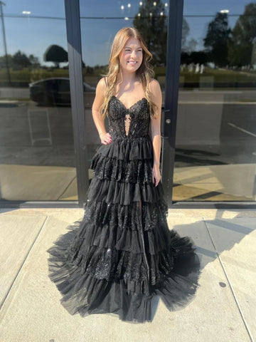 A Line V Neck Spaghetti Straps Layered Black Lace Long Prom Dresses, Long Black Lace Formal Graduation Evening Dresses SP3117