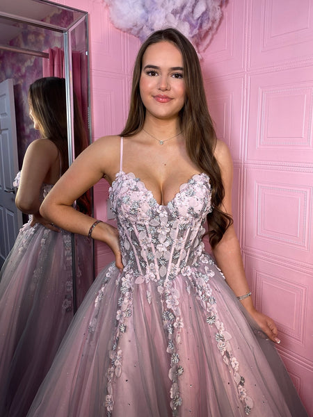 A Line V Neck Spaghetti Straps Pink Lace Long Prom Dresses, Pink Lace Formal Graduation Evening Dresses with Gray Tulle SP3339