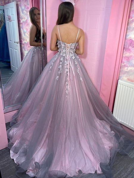 A Line V Neck Spaghetti Straps Pink Lace Long Prom Dresses, Pink Lace Formal Graduation Evening Dresses with Gray Tulle SP3339