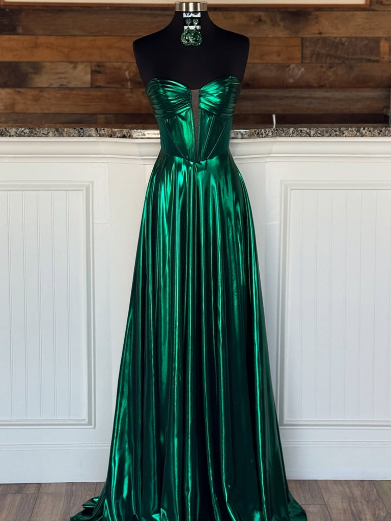 A Line V Neck Strapless Green Satin Long Prom Dresses, Long Green Form Shiny Party A Line V Neck Strapless Green Satin Long Prom Dresses, Long Green Form Shiny Party