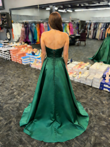 A Line V Neck Strapless Open Back Green Satin Long Prom Dresses, Long Green Formal Graduation Evening Dresses SP3341