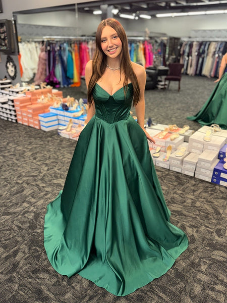 A Line V Neck Strapless Open Back Green Satin Long Prom Dresses, Long Green Formal Graduation Evening Dresses SP3341