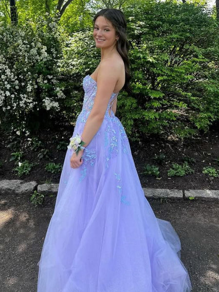 A Line V Neck Strapless Purple Lace Long Prom Dresses with Slit, Purple Lace Formal Graduation Evening Dresses SP3386