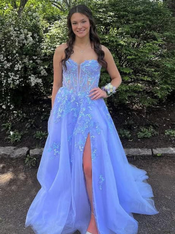 A Line V Neck Strapless Purple Lace Long Prom Dresses with Slit, Purple Lace Formal Graduation Evening Dresses SP3386