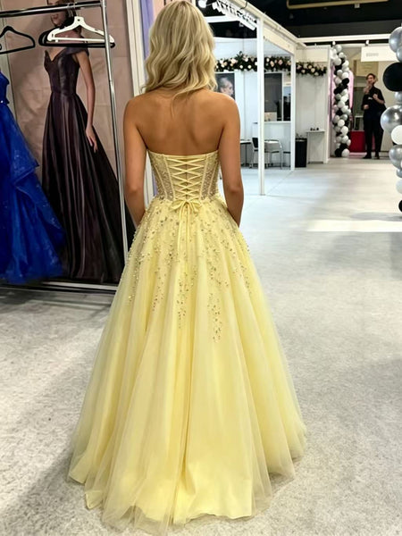 A Line V Neck Strapless Yellow Lace Long Prom Dresses, Yellow Lace Formal Graduation Evening Dresses SP3512